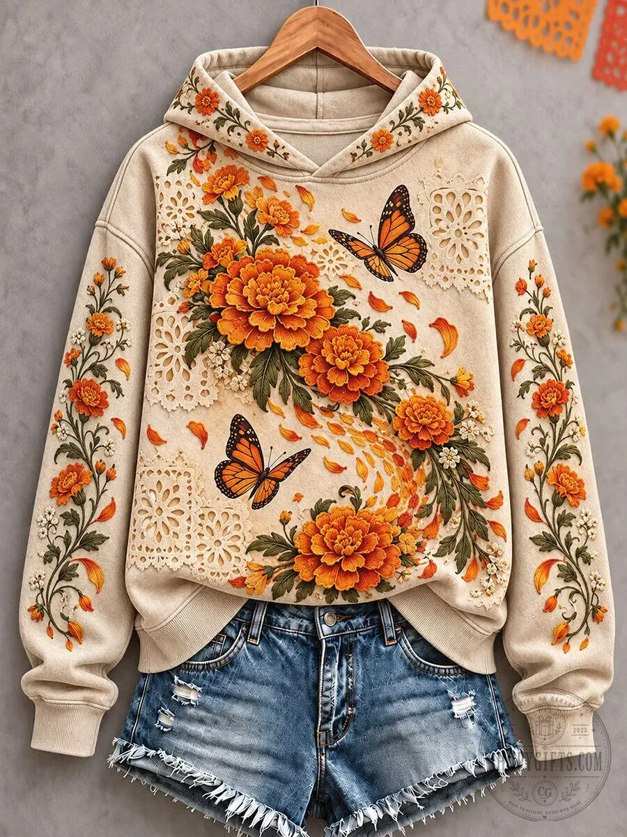Day of the Dead Marigold Butterfly Floral Print Women's Hoodie