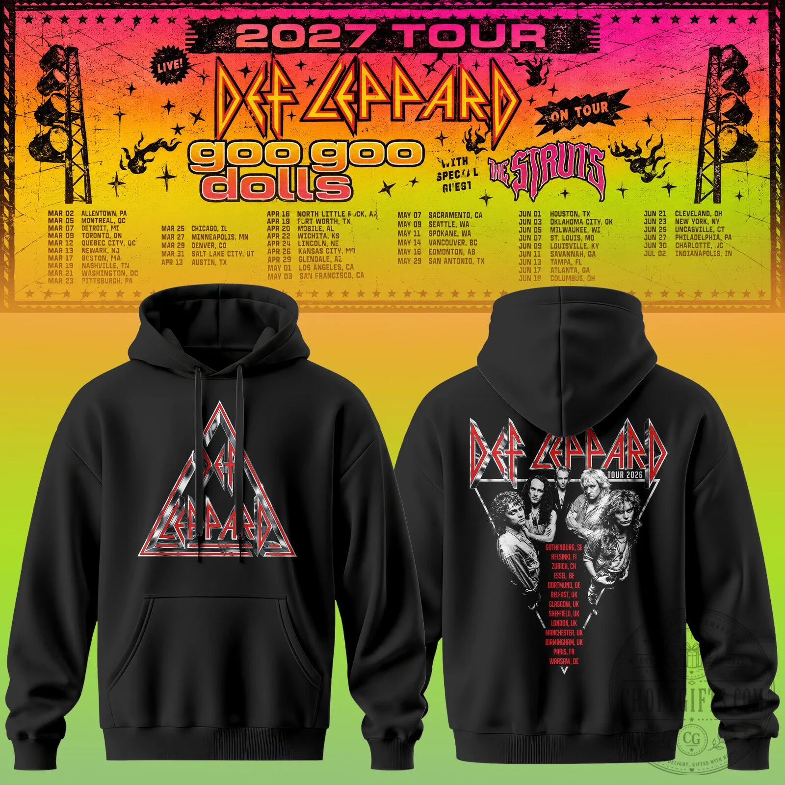 Def Leppard 2027 Tour Retro Band Concert Black Hoodie