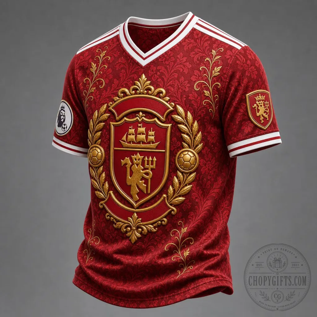 Manchester United Football Club Red Gold Crest Premier League Soccer Jersey Manchester United Football Club Red Gold Crest Premier League Soccer Jersey