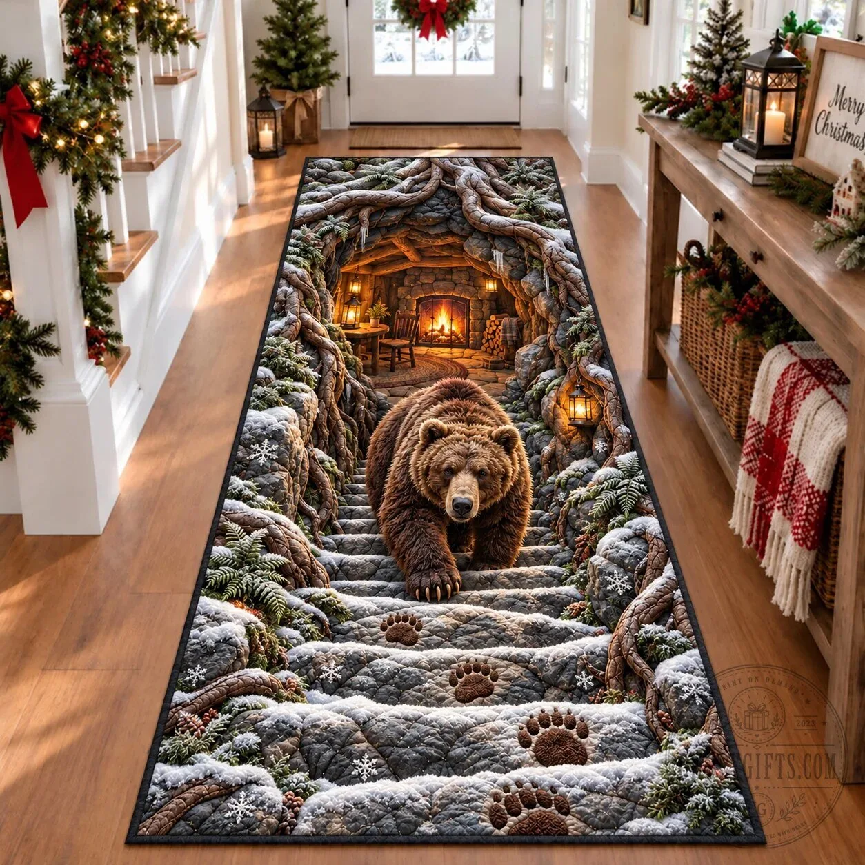 Grizzly Bear Winter Forest Cave Entrance Snow Footprints Runner Rug
