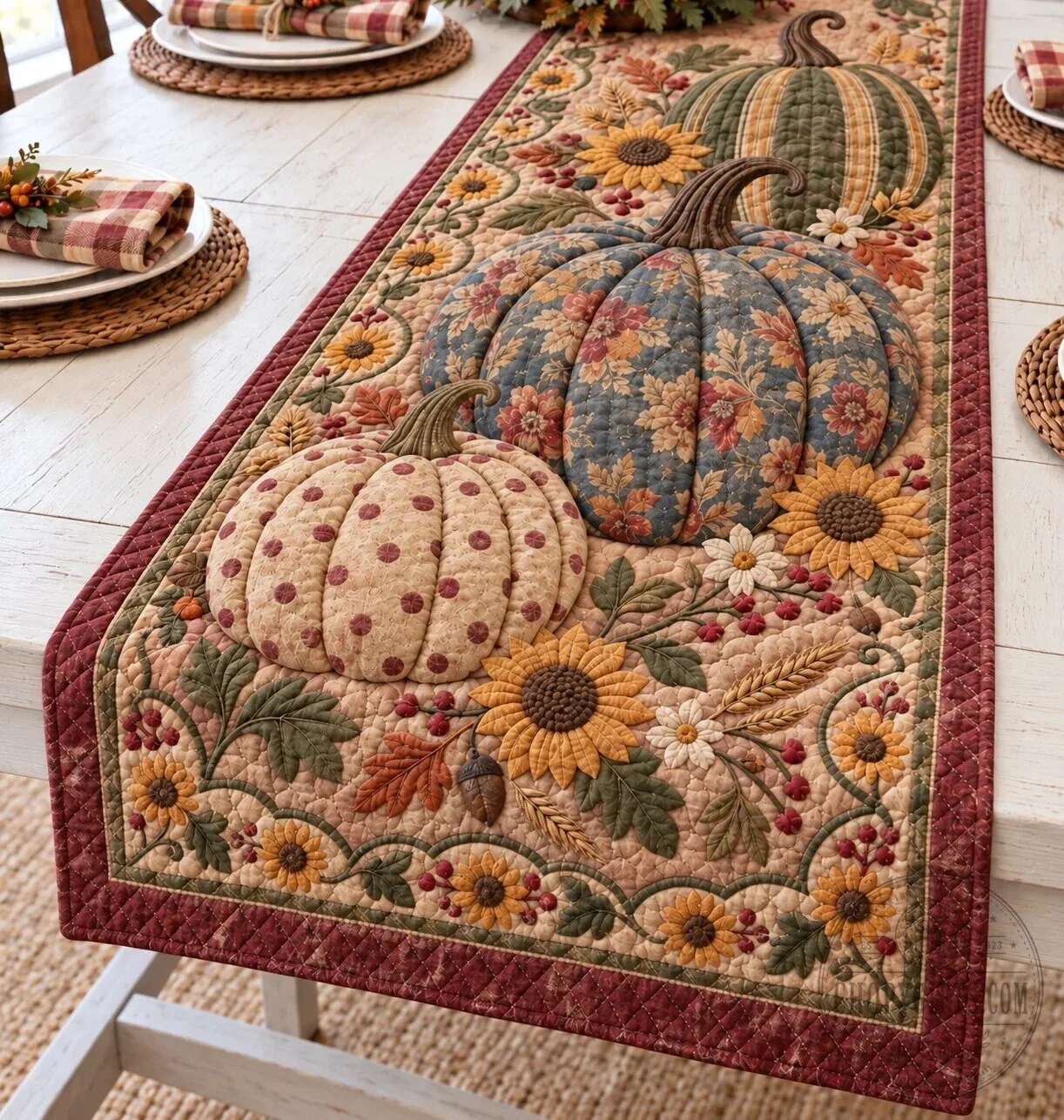 Autumn Harvest Pumpkin Quilted Table Runner with Sunflowers and Berries 9 Autumn Harvest Pumpkin Quilted Table Runner with Sunflowers and Berries