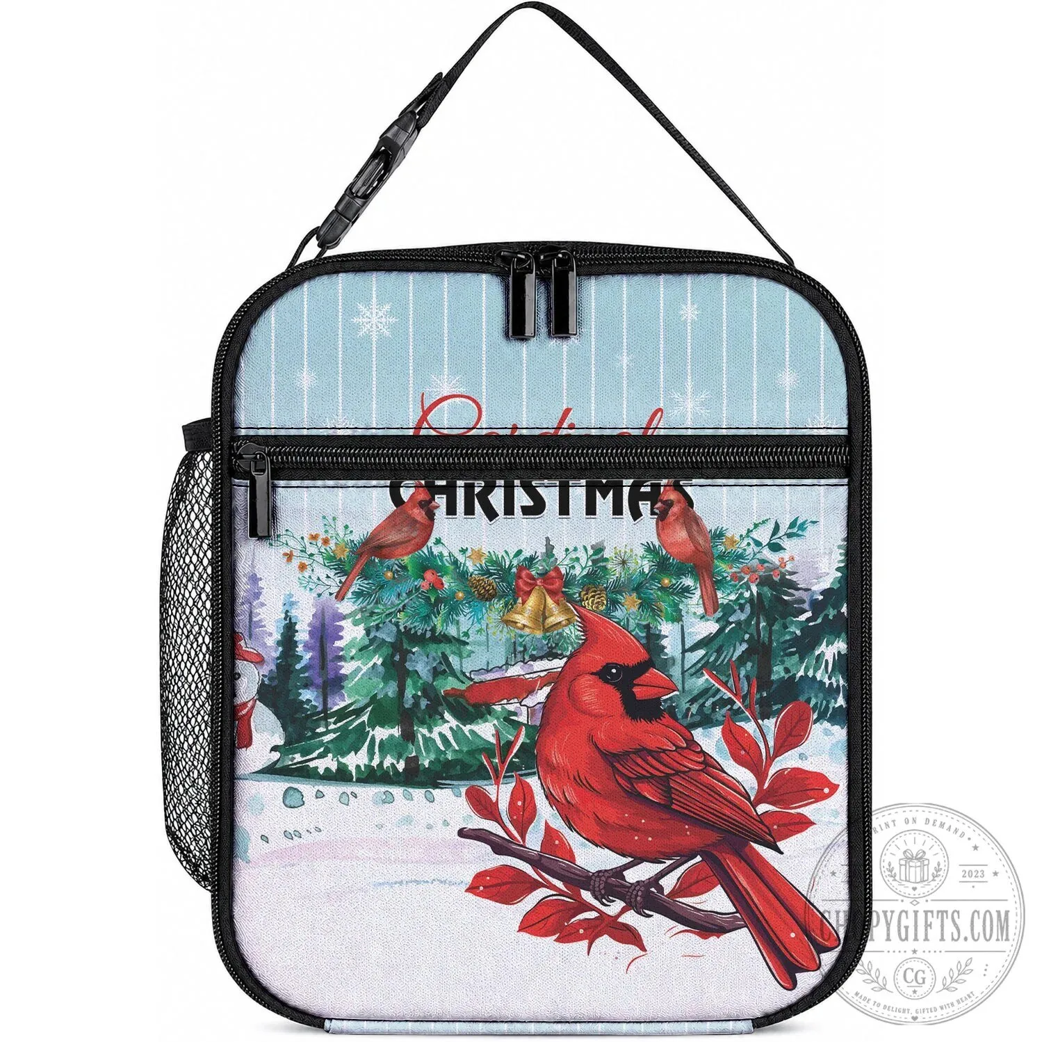 Christmas Cardinal Bird Snowflake Winter Scene Insulated Lunch Bag