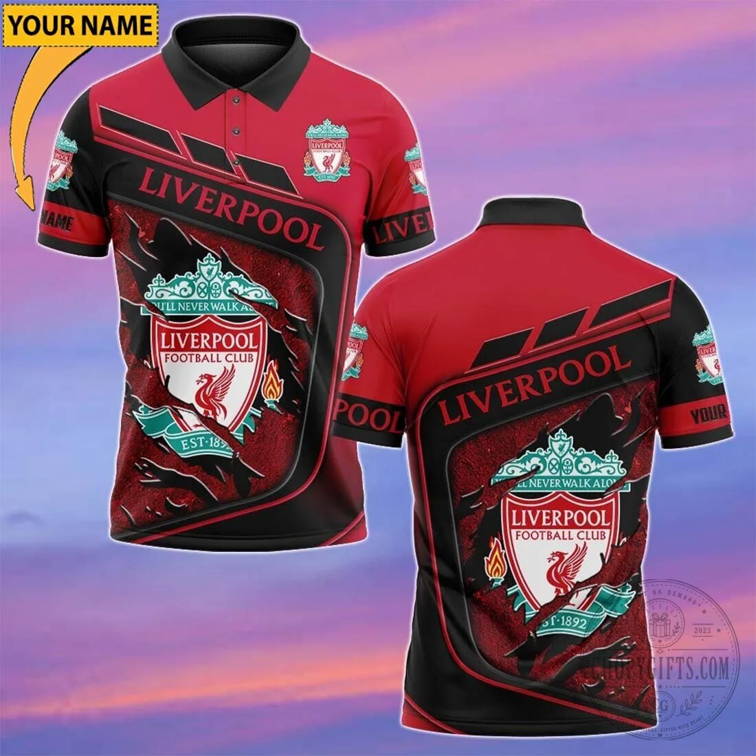 Liverpool Football Club Red Black Custom Name Fan Polo Shirt