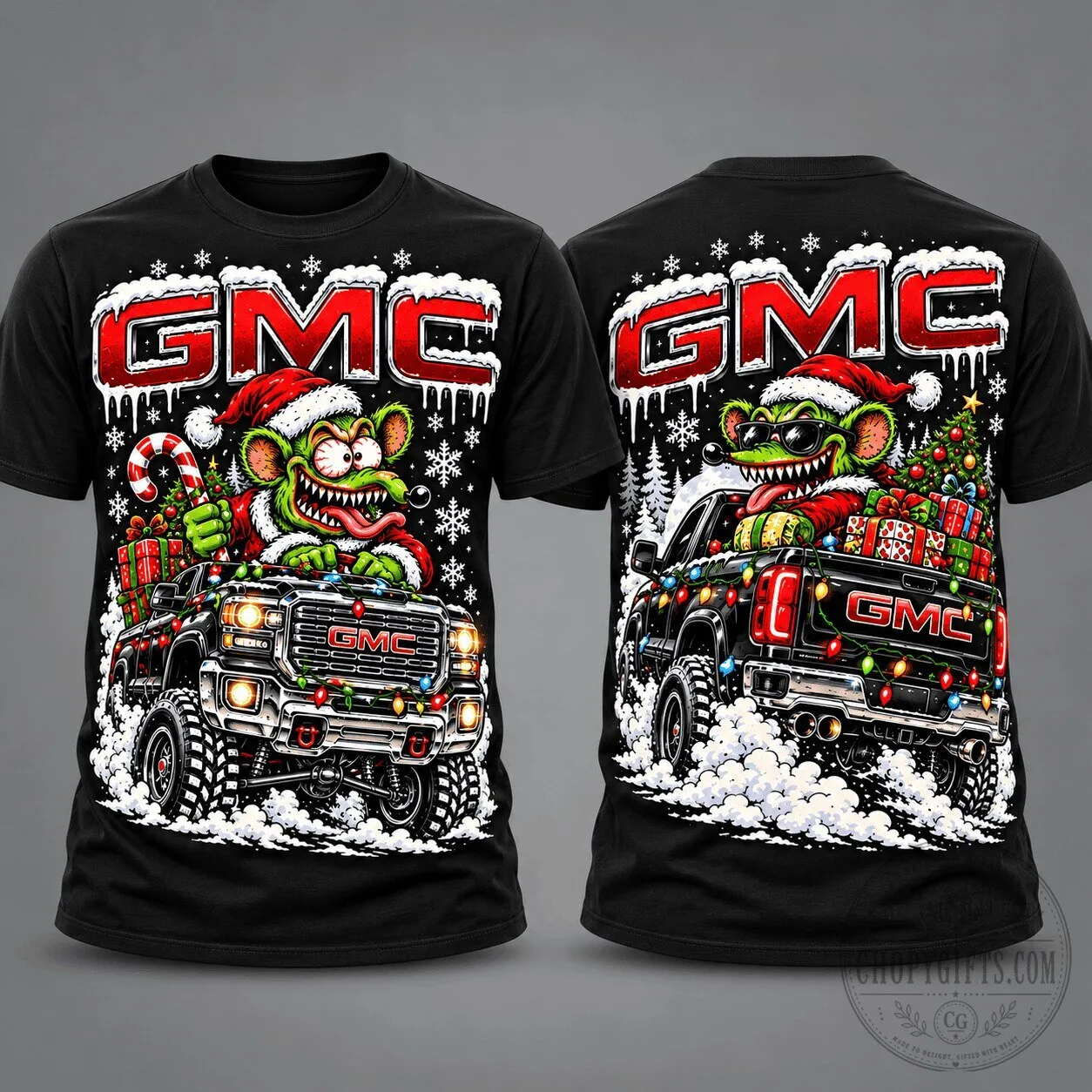 GMC Truck Christmas Monster Driving Pickup with Presents Holiday T-Shirt