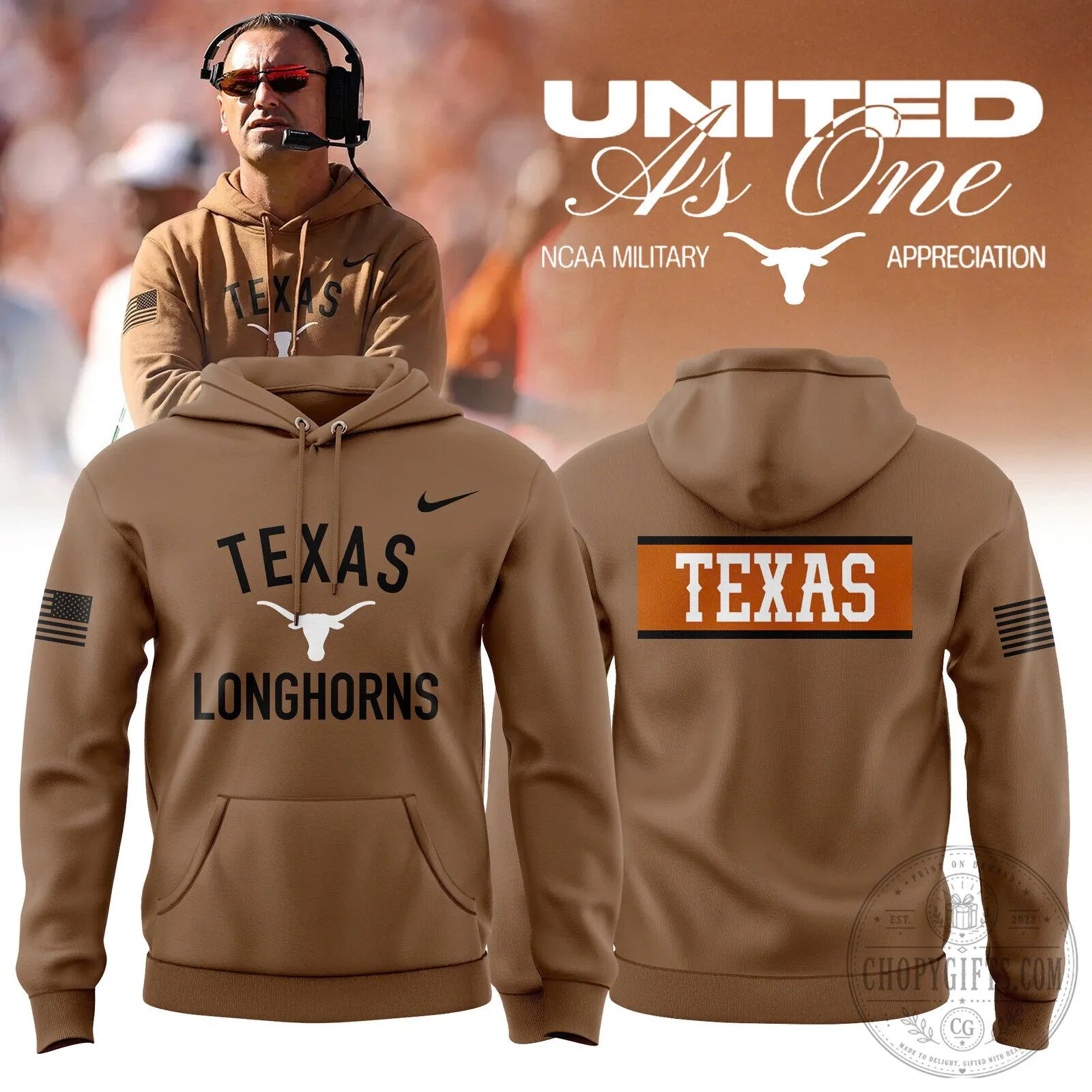 Texas Longhorns NCAA Military Appreciation Brown Pullover Hoodie 2 Texas Longhorns NCAA Military Appreciation Brown Pullover Hoodie