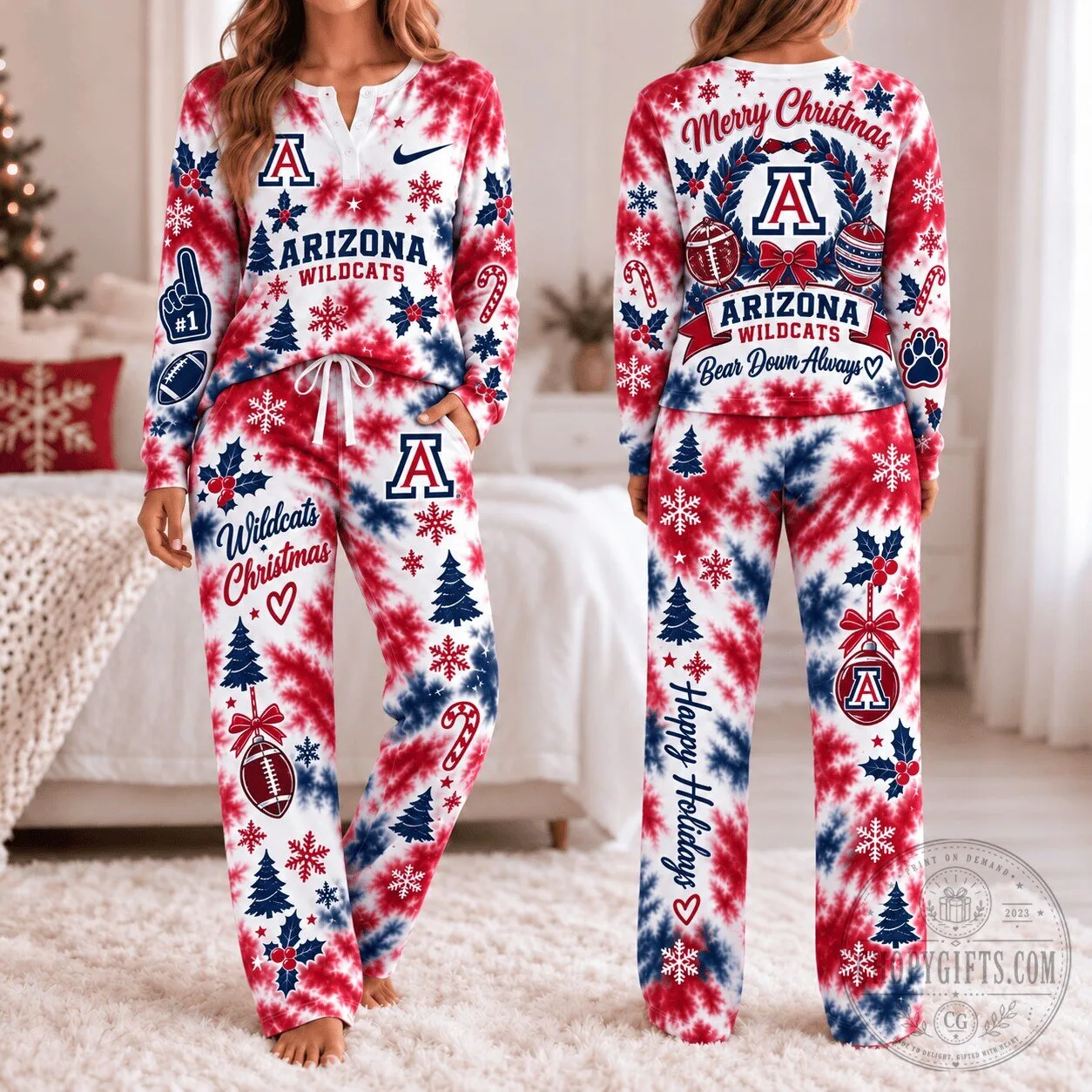 Arizona Wildcats Christmas Tie-Dye Pajamas Set with Long Sleeve Shirt