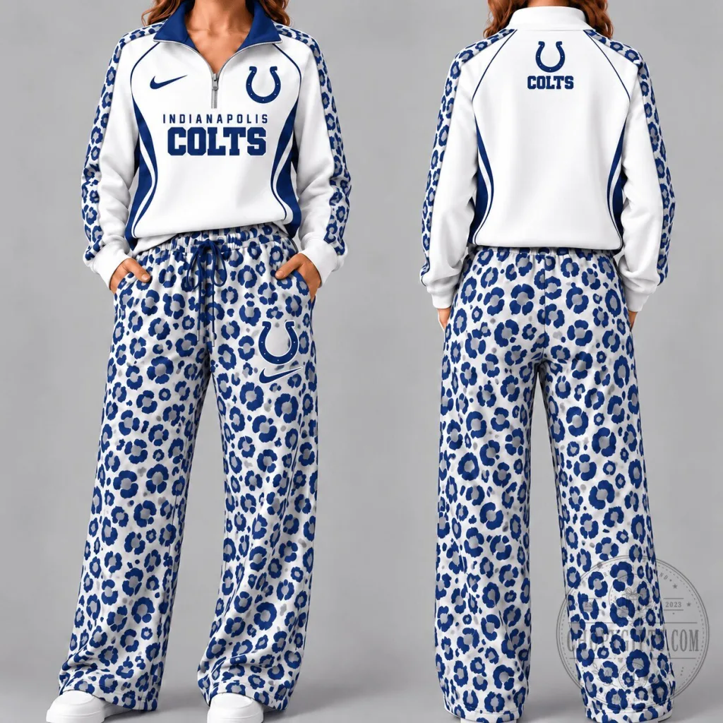 Indianapolis Colts Women's White and Blue Leopard Print Tracksuit Hoodie Indianapolis Colts Women's White and Blue Leopard Print Tracksuit Hoodie