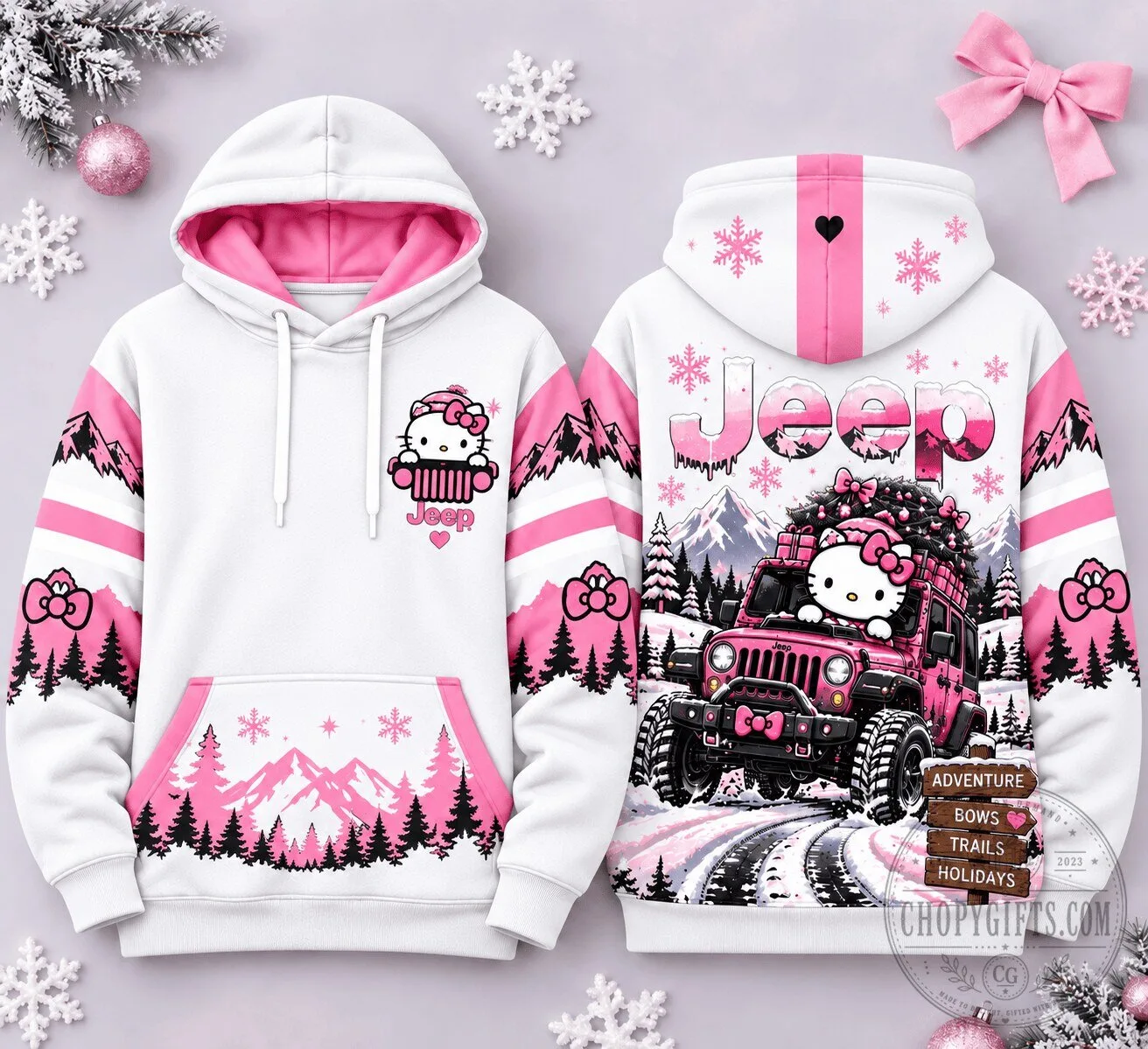 Hello Kitty Jeep Pink Flames and Snowflakes Winter Hoodie for Women