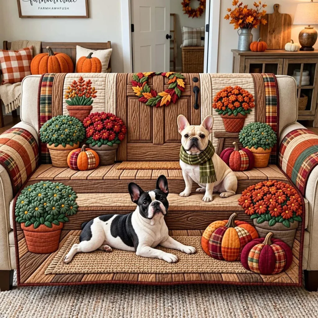 Farmhouse Fall French Bulldog Autumn Quilted Sofa Cover Farmhouse Fall French Bulldog Autumn Quilted Sofa Cover