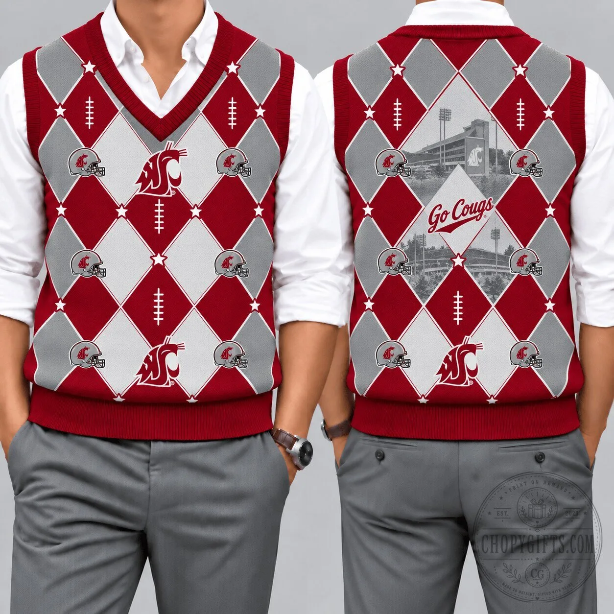 Washington State Cougars Football Team Argyle Pattern Knit Sweater Vest