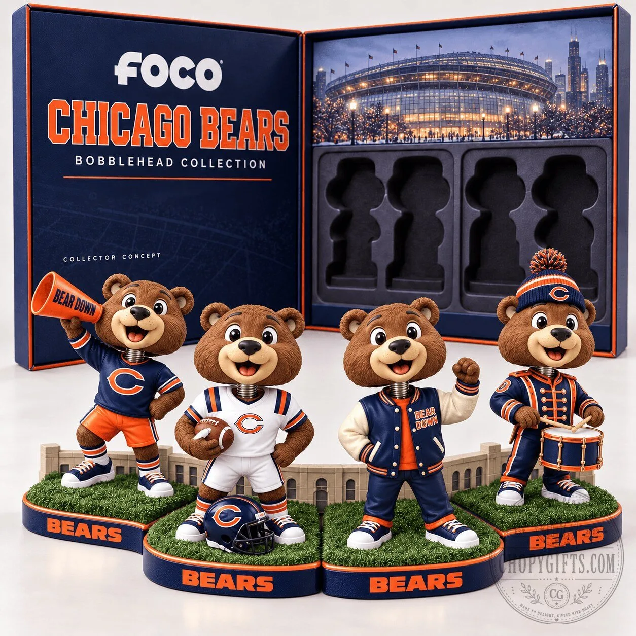 Chicago Bears Mascot Bear Down NFL Football Team Bobblehead Collection Set