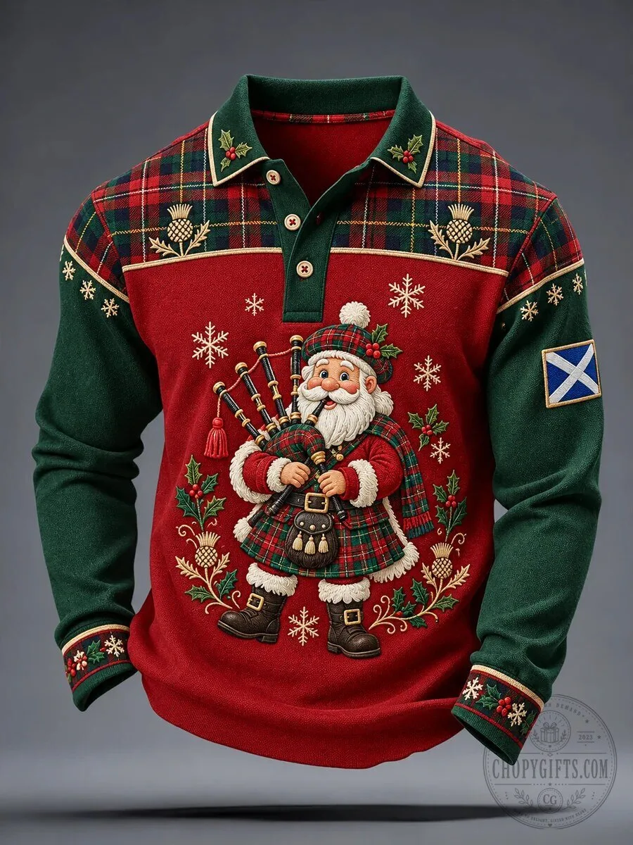 Scottish Santa Claus Bagpipes Christmas Tartan Long Sleeve Polo Shirt