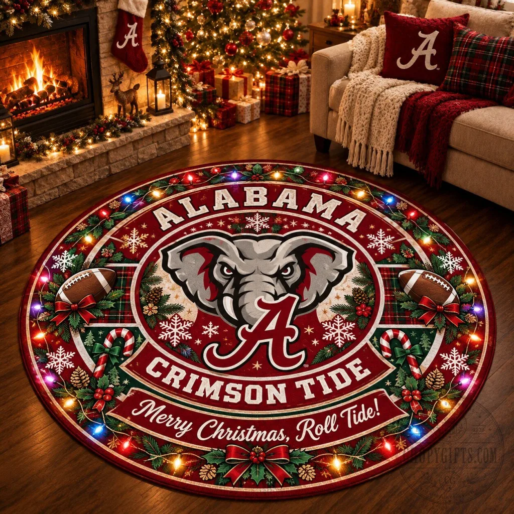 Alabama Crimson Tide Christmas Round Rug – Merry Christmas Roll Tide Alabama Crimson Tide Christmas Round Rug – Merry Christmas Roll Tide