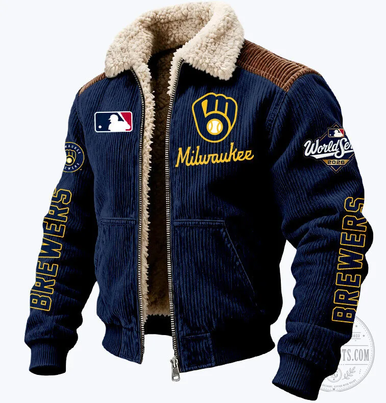 Milwaukee Brewers Baseball Team Corduroy Sherpa Lined Winter Jacket 4 Milwaukee Brewers Baseball Team Corduroy Sherpa Lined Winter Jacket