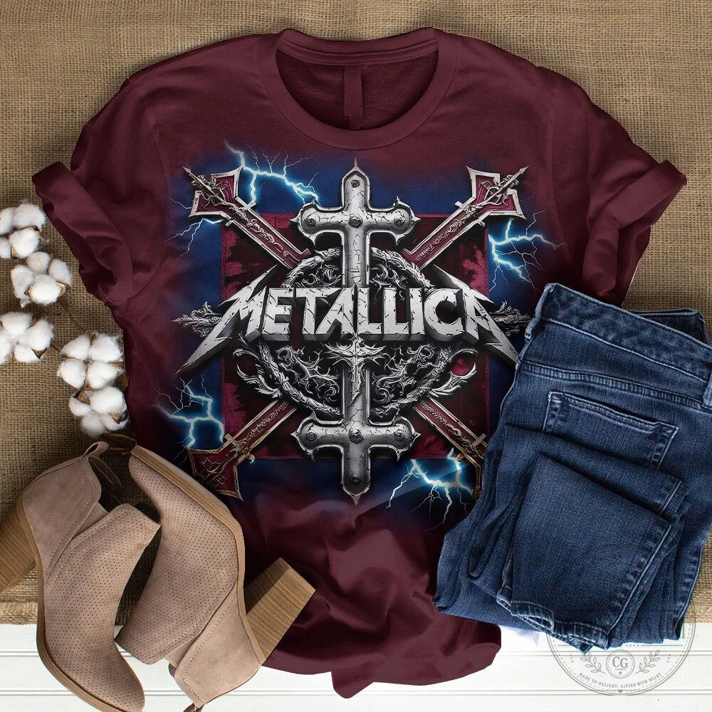 Metallica Band Logo Cross Swords Lightning Design Graphic T-Shirt